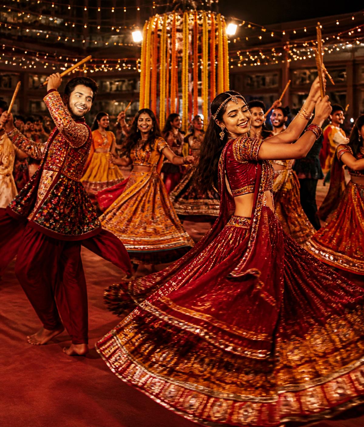 Energetic Garba dancers in traditional Gujarati attire twirling under festive lights